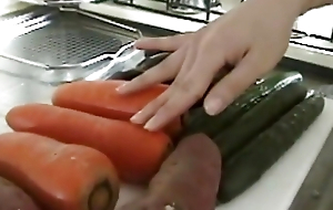 Japanese Cosset insert Carrot out of reach of her Victorian pussy masturbating