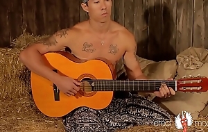 Gay asian flesh guitarist plays with cock on the hay