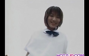 Akane Yoshizawa in uniform gives blowjob